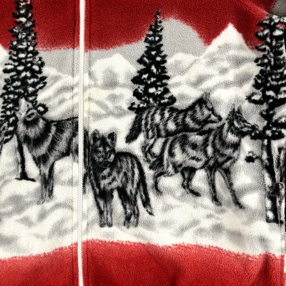 Chaqueta Suéter BLAIR Mujer Grande Roja Blanca Lobo Lobos Naturaleza AOP Vellón Años 90 Foto 2 de 4