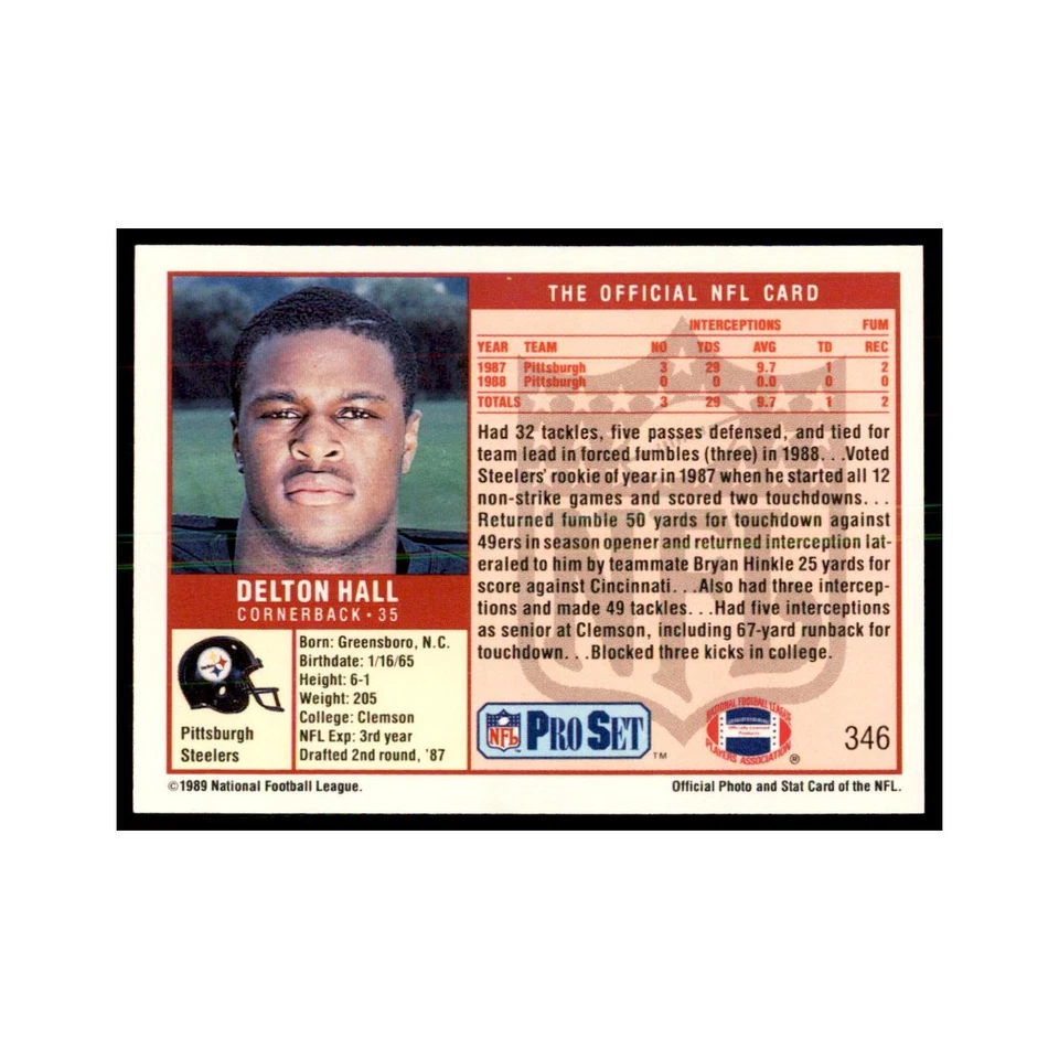 Delton Hall 1989 Pro Set #346 Football Cards Football Card NM - Image 2 of 3
