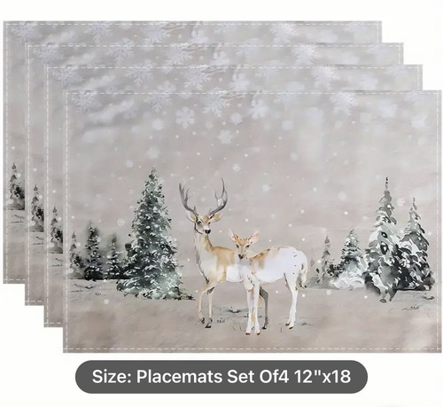 NEW Set 4 Christmas Winter DEER & TREES PLACEMATS Gray Snowflakes 12" X 18" - Picture 2 of 2