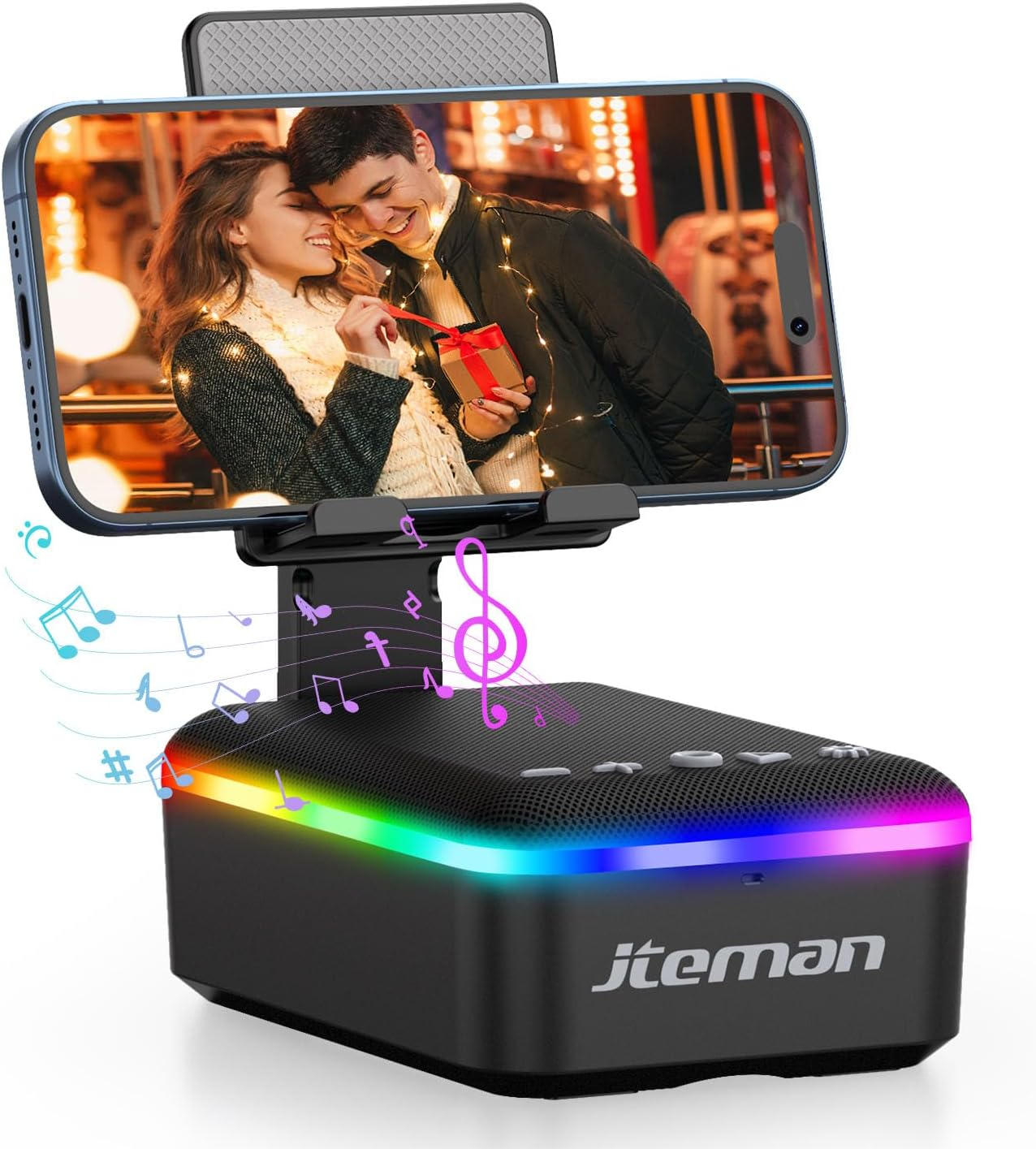 JTEMAN Cell Phone Stand with Bluetooth Speaker, LED Light - Perfect Gift for Men & Women