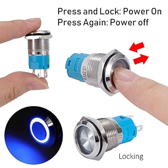 Interruttori Pulsante Autobloccante 16mm 12V-24V - 5 Pezzi Con LED Blu, Impermeabili IP65 Per Auto E Impianti - Foto 8