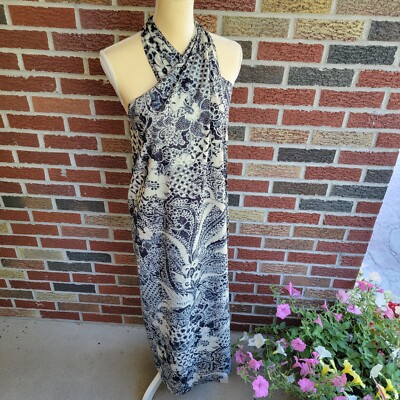 J Peterman Halter Wrap Maxi Dress Navy Batik Floral Tropical Print Hawaiian XS