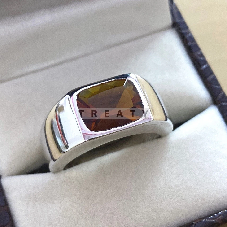 Piedras preciosas de corte cojín de citrino con anillo de plata de ley 925 para hombre #B792 Foto 4 de 4