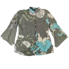 Citron Santa Monica Silk Floral Blouse Mandarin Asian Oriental Art To Wear Small