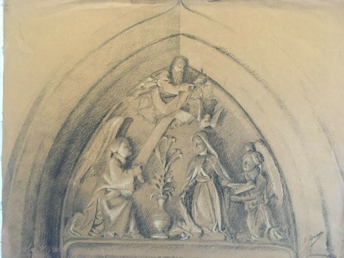 Dessin signé Loiseau (XIX) Fusain Architecture prière vierge Jésus Dieu Christ