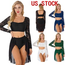 Women Skirts Sets Floral Lace Dance Dress Long Sleeve Crop Top Leotard Dress