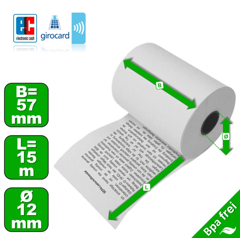 EC Cash Thermorollen 57 mm x 15 m x 12 mm Lastschrifttext - Menge zur Auswahl