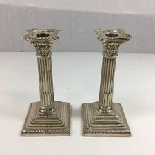 Antique 1936 Solid Silver Weighted Pair Of Corinthian Column Candlesticks 