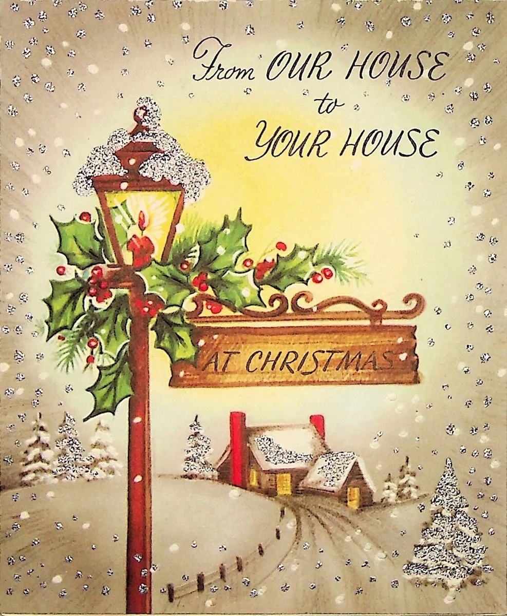 Vintage From Our House To Your House Glitter Sparkle Christmas Card A Meri Card