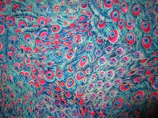 PEACOCK FEATHERS BLUE RED METALLIC BIRD FEATHERS COTTON FABRIC BTHY 