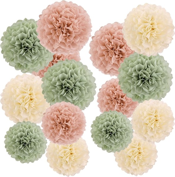 Pompons Deko Seidenpapier 15 StüCk SalbeigrüN Rosa Beige FüR Geburtstagsdeko-image