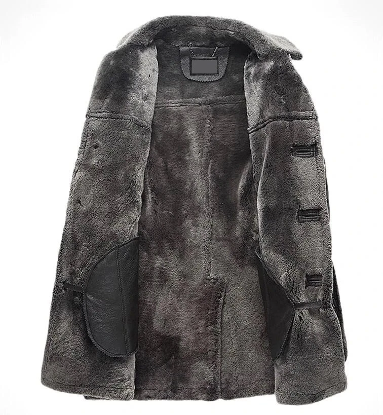 Men's Sheepskin Shearling Long Coat Retro Leisure Bomber Real Leather Overcoat - Image 3 of 4