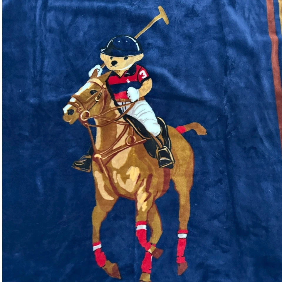Ralph Lauren Polo Oso Montar Caballo Peluche Polar Manta Azul Marino 70x48 Foto 2 de 4