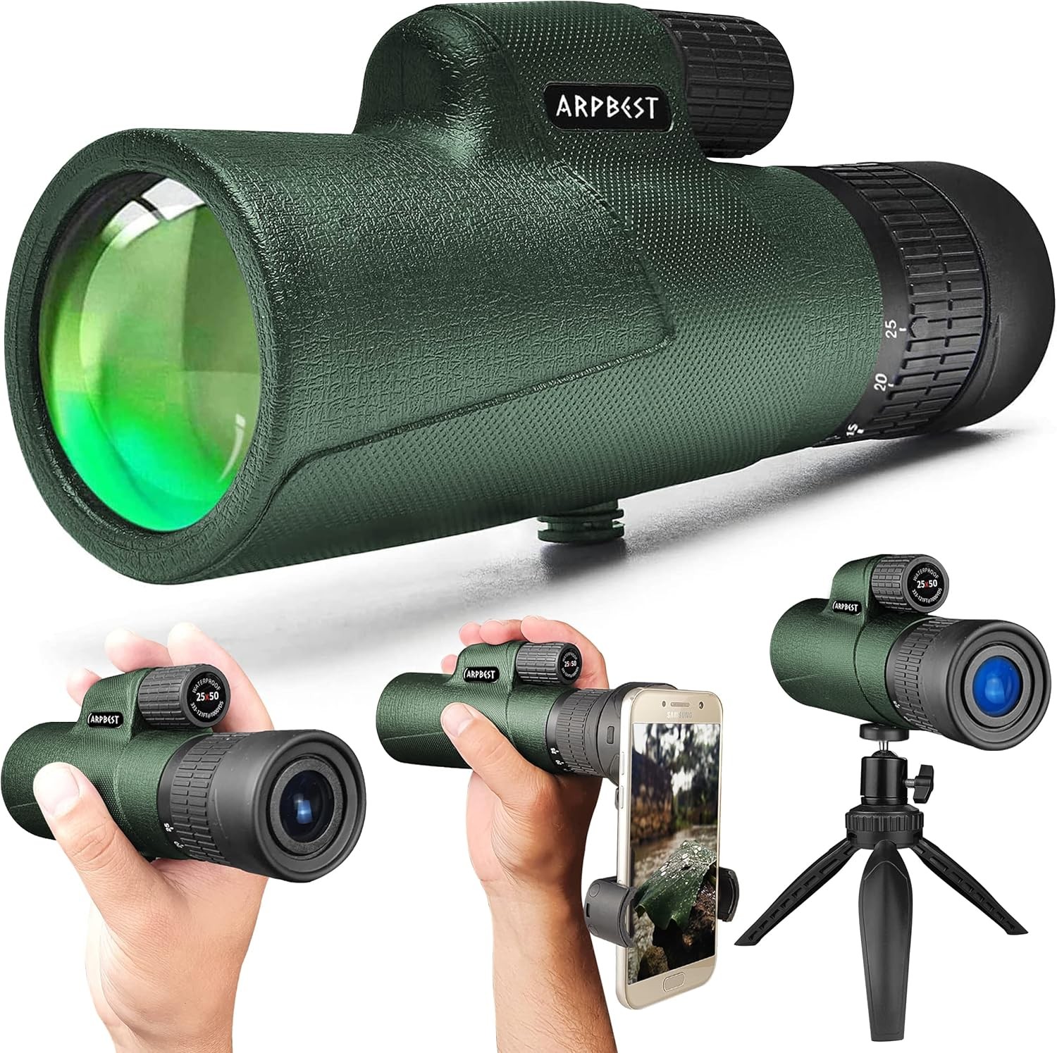 ARPBEST 25X50 Monocular Telescope with Smartphone Holder & Tripod for Wildlife W