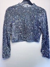 Cherry Koko Grey Sequin Long Sleeve Crop Top Size S UK 8–10