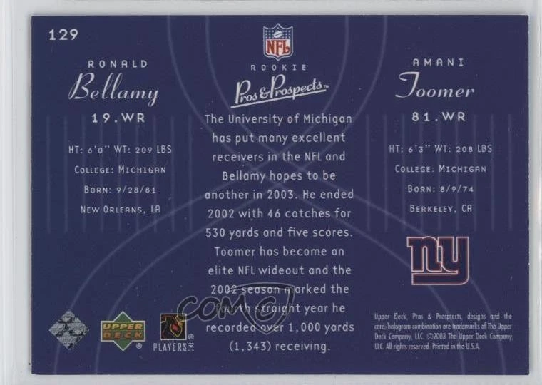 2003 Upper Deck Pros & Prospects /1800 Amani Toomer Ronald Bellamy Rookie RC - Image 2 of 2