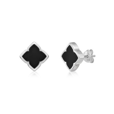 Schwarzer Onyx Kleeblatt Ohrstecker in 925 Sterling Silber mit weißem Saphir