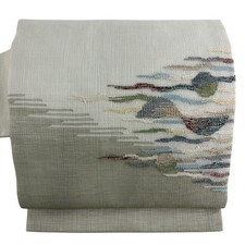 Nagoya Obi Haze Summer Obi Gray Green Silk 375.5cm Finished Japanese Textile