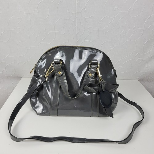 Emporio Armani Womens Tote Satchel Crossbody Bag Gray Patent Leather Handbag Bow