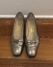 Vintage Salvatore Ferragamo Coin Loafers Metallic Silver Leather Block Heels 7.5