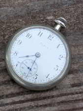 Vintage Silver Tone Elgin Pocket Watch White Face Running But Needs Service