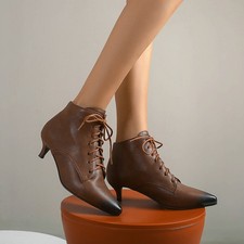Women Vintage Pointed Toe Ankle Boots Lace Up Kitten Heel Winter Fashion Booties