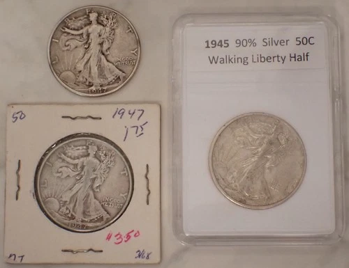 Lot of 3 Walking Liberty Halves 50c 1945-D ~ 1947(x2) VF/XF