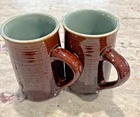 2 Vintage 1950s Red Wing Pottery Village Green Brown Glaze Coffee Mugs 5"