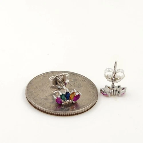 925 Sterling Silver 1.6x3.5mm Multicolor Sapphire 3/8'' Small Earrings Gemstone - Picture 2 of 3