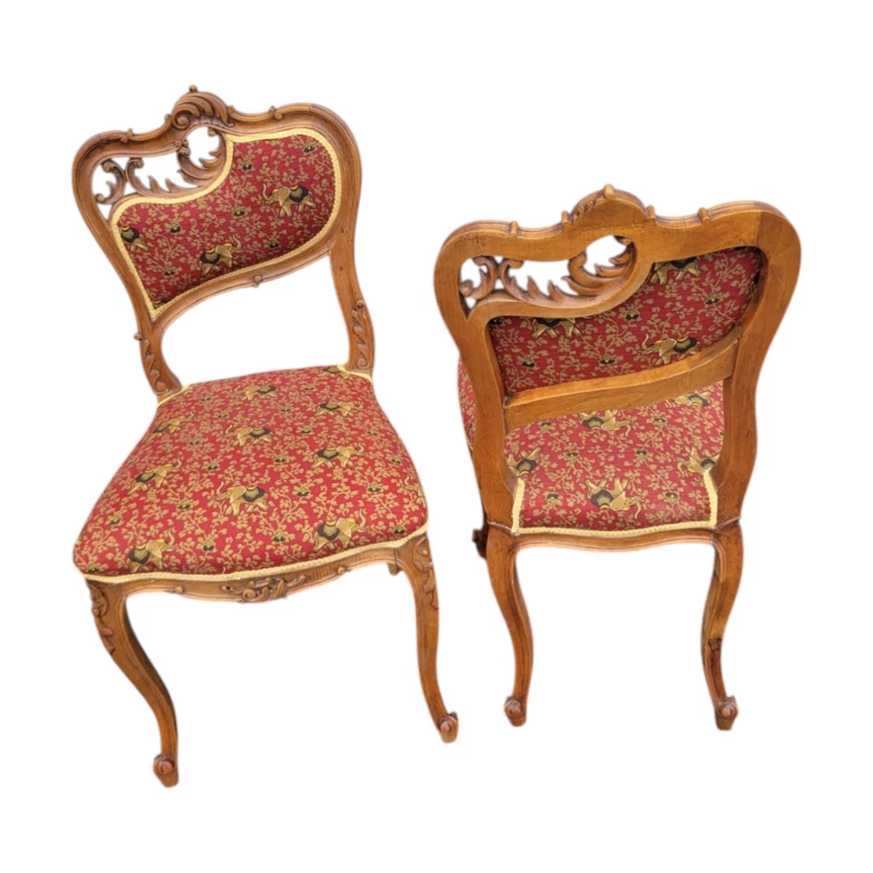 Antique French Louis XV Style Walnut Chairs Pair Ornate Carved Red Upholstery - Image 4 of 4
