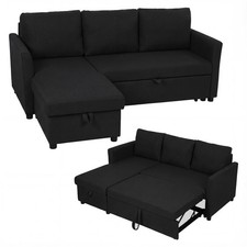 HOMCOM Divano Letto Effetto Lino con Chaise Longue Portaoggetti Grigio Antracite