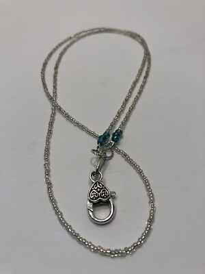 LANYARD NECKLACE HANDMADE BEADED ID BADGE HOLDER SILVER AND TEAL WOMEN
