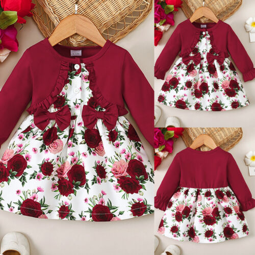 Kid Girls Cute Autumn Round Neck Long Sleeve Pullover Print Floral Bow Dress US