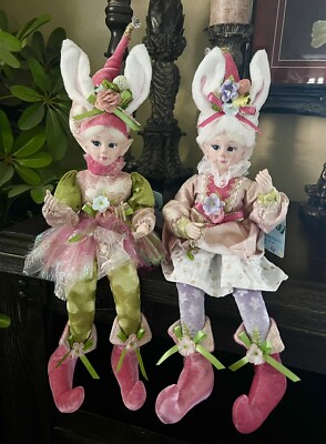 CYNTHIA ROWLEY 2 PC COUPLE EASTER ELF BUNNY EARS FAIRY SHELF SITTING DOLLS 20''