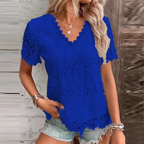 Women Elegant Lace V-Neck Blouse Shirt Summer Short Sleeve Tunic Tops Blouses - Picture 9 of 22