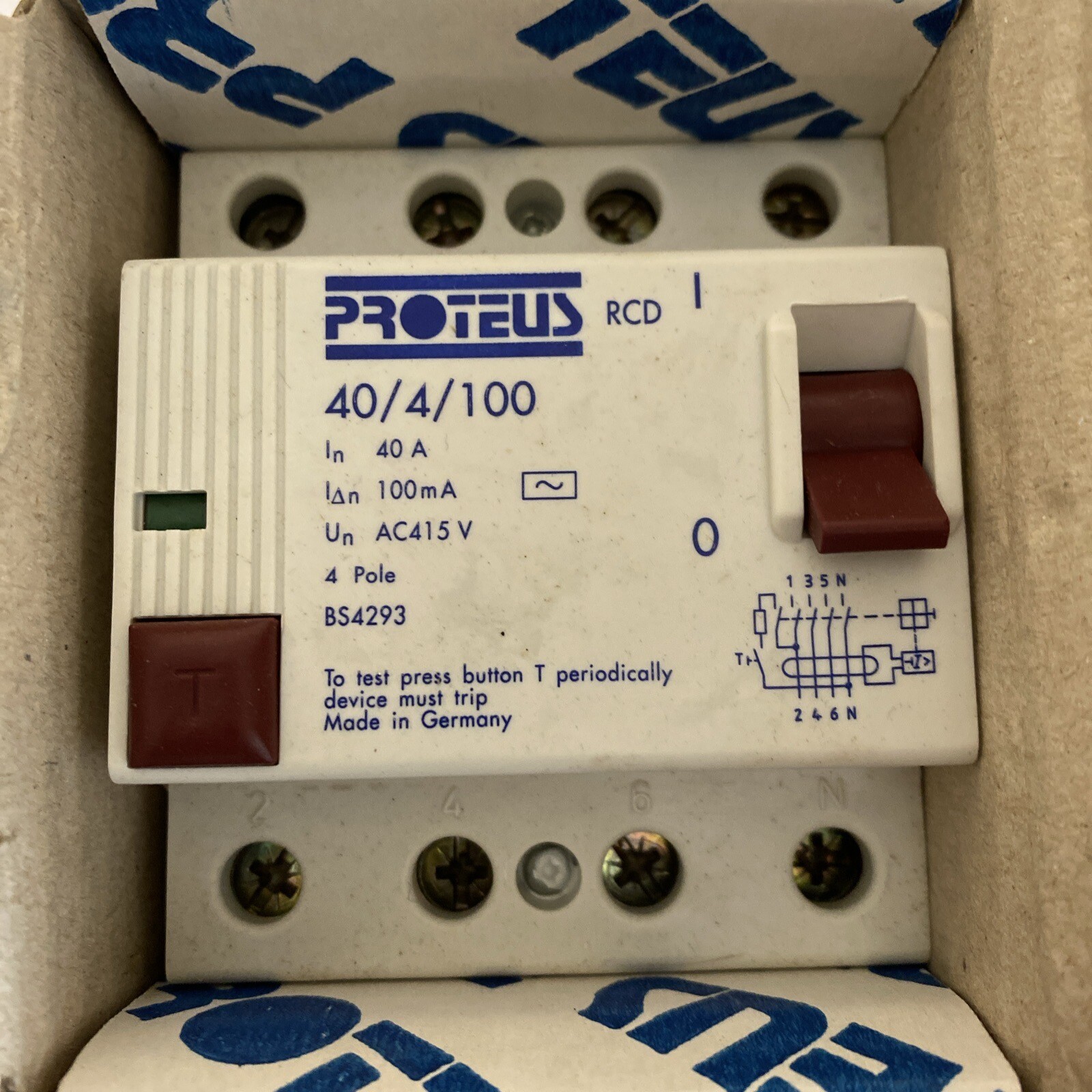 PROTEUS 40 AMP 100mA 4 POLE 40/4/100 EARTH LEAKAGE CIRCUIT BREAKER