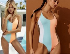 PilyQ Farrah Sandstone Colorblock Stripe Halter One Piece Swimsuit L