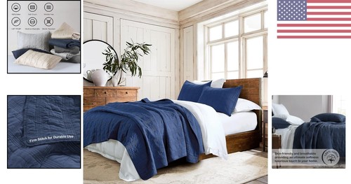 Luxurious Pre-Washed Cotton Bedspread Coverlet Set for All Seasons - Queen Size - Picture 2 of 9