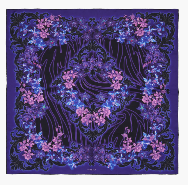 Versace Orchid Print 100% Silk Square Purple Black Scarf Rtl $525