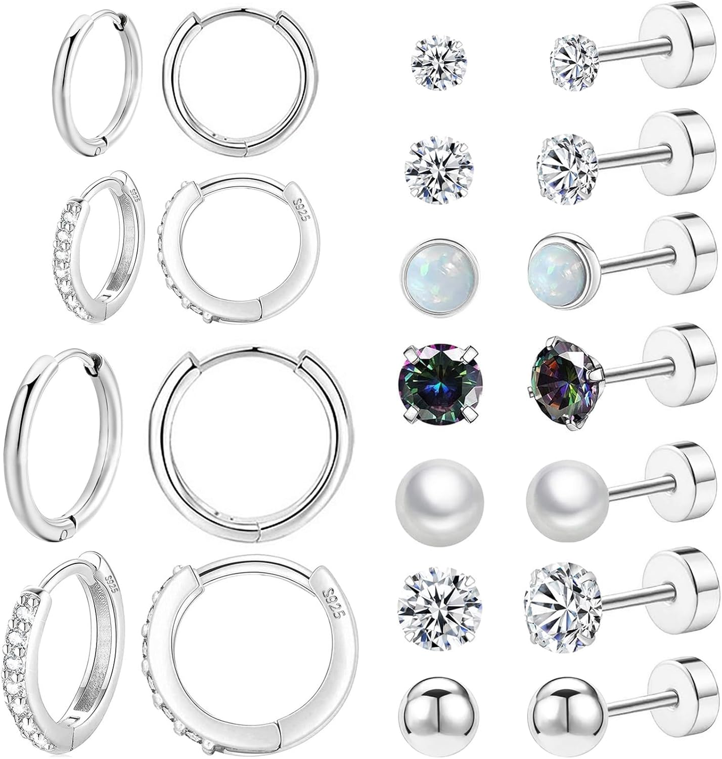 Surgical Steel Flat Back Earrings Set for Multiple Piercing Sensitive Ears,Sterl