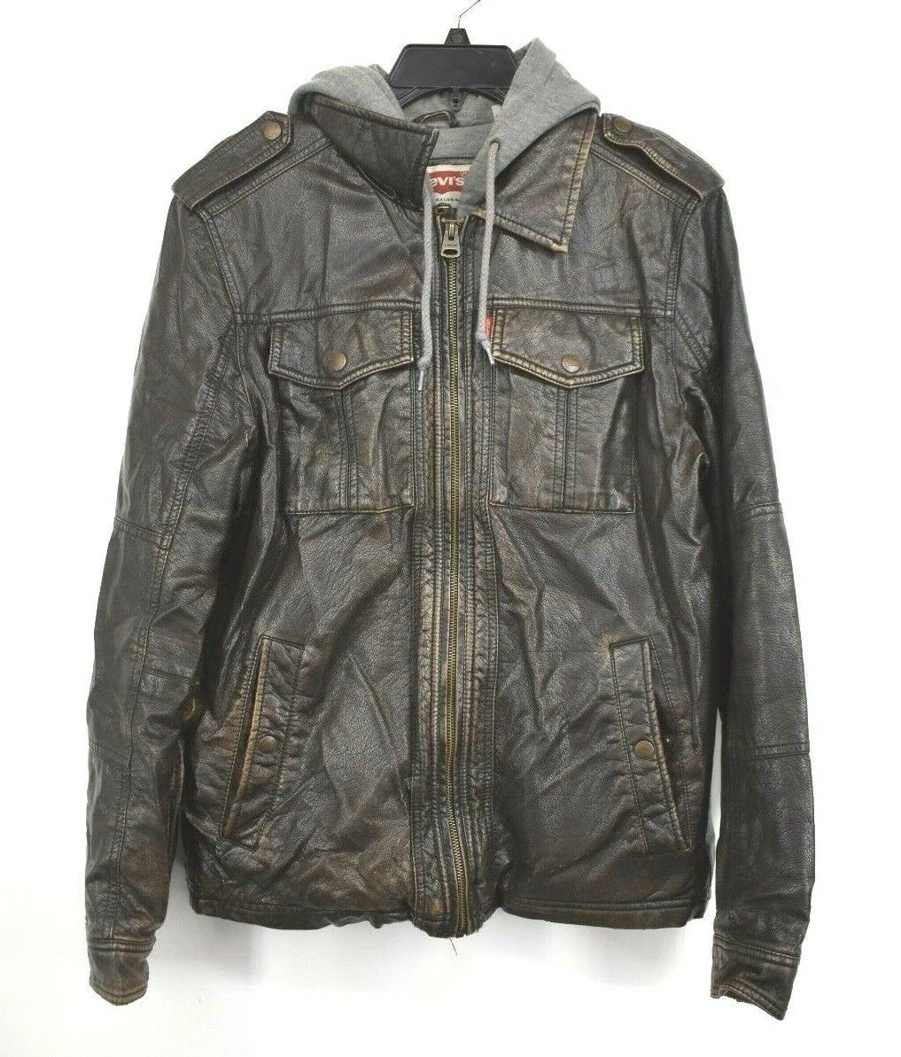 Levi leather 2025 jacket with hoodie