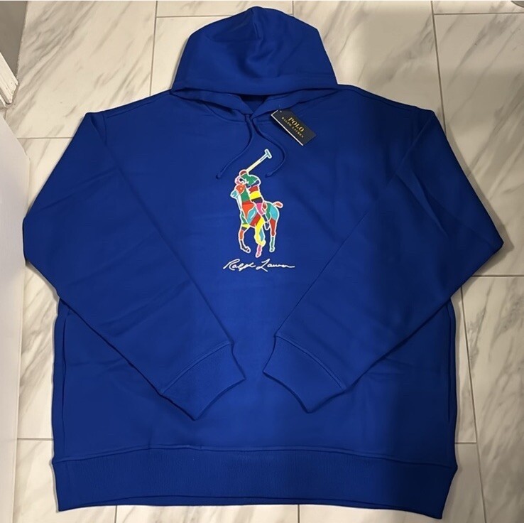 Polo Ralph Lauren grande e alta uomo multicolore logo pony felpa con cappuccio blu $168 nuova