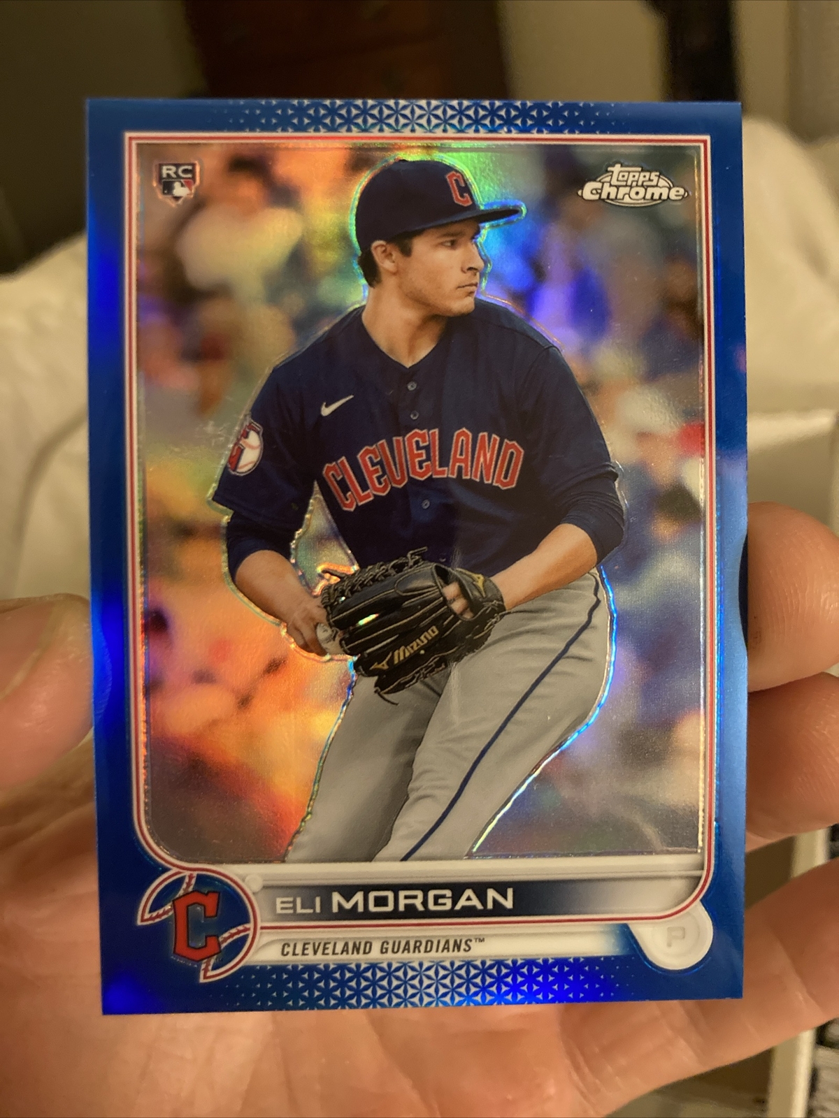 2022 Topps Chrome Logofractor Eli Morgan Rookie Card True Blue /150 Guardians SP