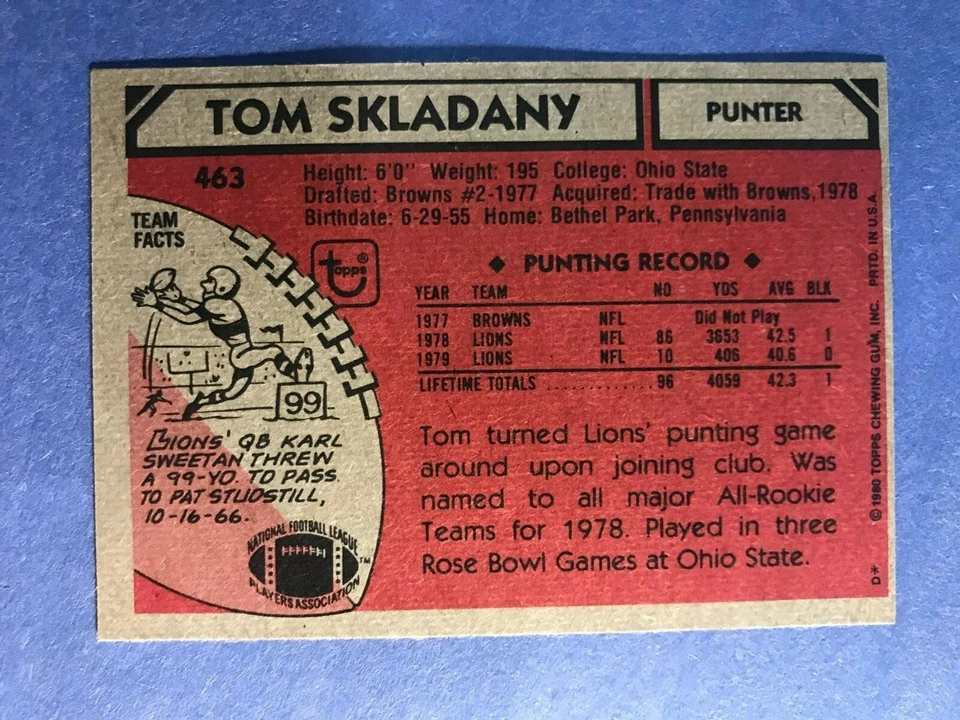 SIGNED TOM SKLADANY 1980 TOPPS FOOTBALL CARD AUTOGRAPH - LIONS - Image 3 of 3