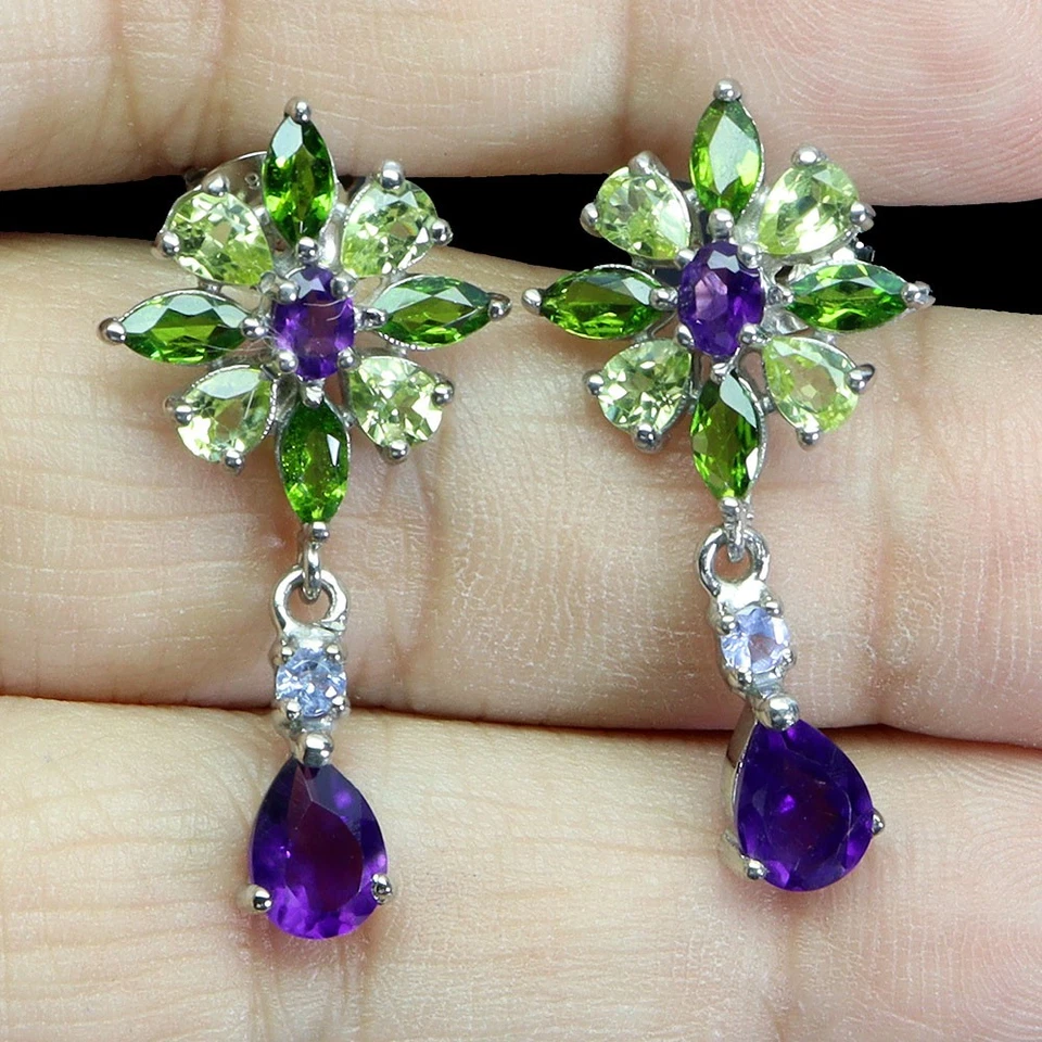 925 Sterlingsilber Ohrringe Perle Amethyst Peridot Tansanit Edelstein Schmuck - Bild 2 von 4