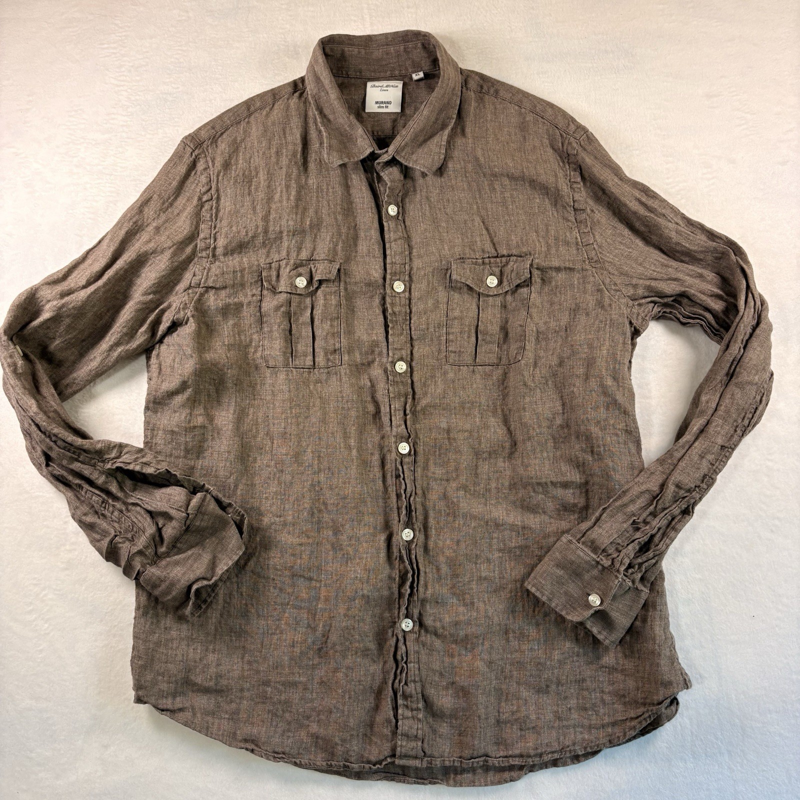 Murano Baird McNutt 100% Linen Shirt Mens XL Slim Fit Brown Roll Tab Button Up