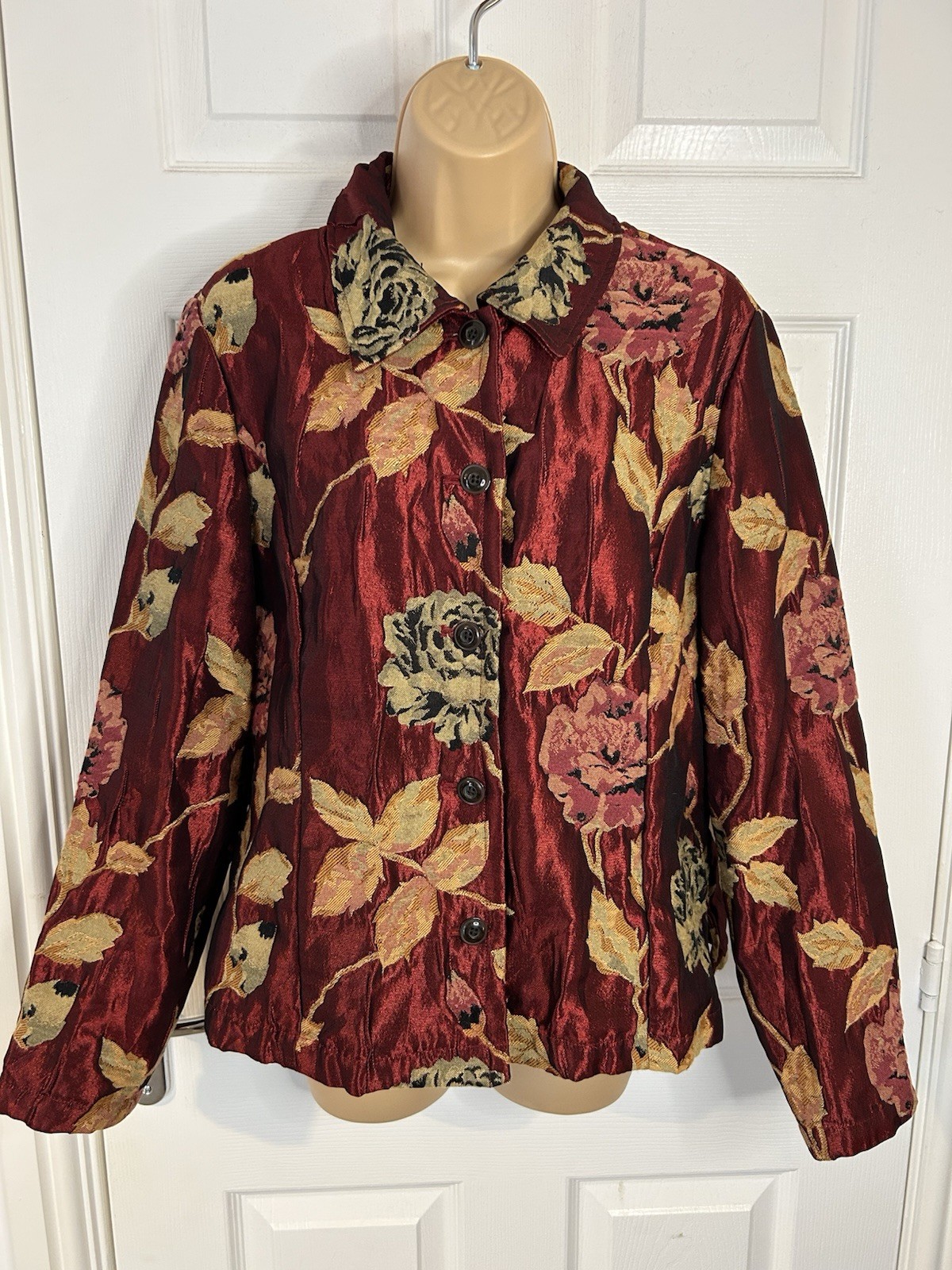 Coldwater Creek Floral Tapestry Jacket Burgundy Cottagecore Romantic Button Up M