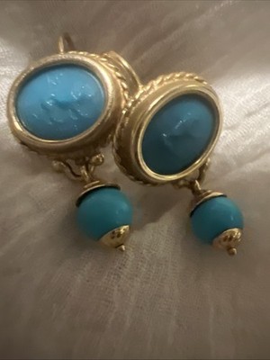 Vintage 14K SS Italian Tagliomonte Carved Blue  Turqoise Figures Earrings 1.25 