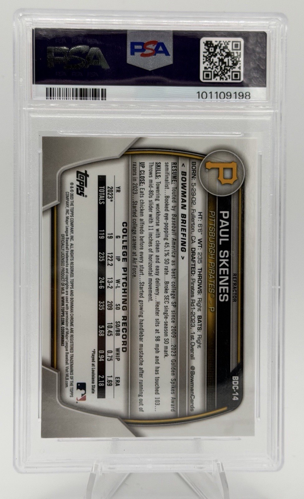 2023 Paul Skenes Bowman Draft Chrome Refractor Mint PSA 9 Pirates 🔥 1st Bowman view 2
