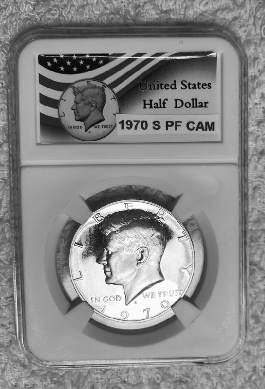 1970 S Kennedy Half Dollar, Gem PFCAM, 40% Silver, Coin Slab Mount